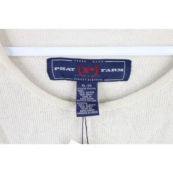 NOS Vintage Phat Farm Mens XL Striped Spell Out Script Marled Knit Sweater Cream